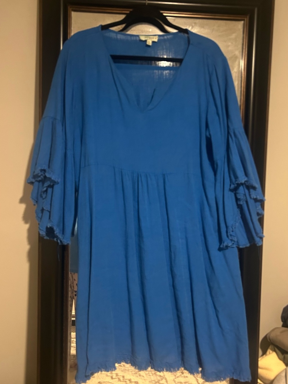 Umgee Blue Women's Tiered Bell Sleeve V-Neck dress